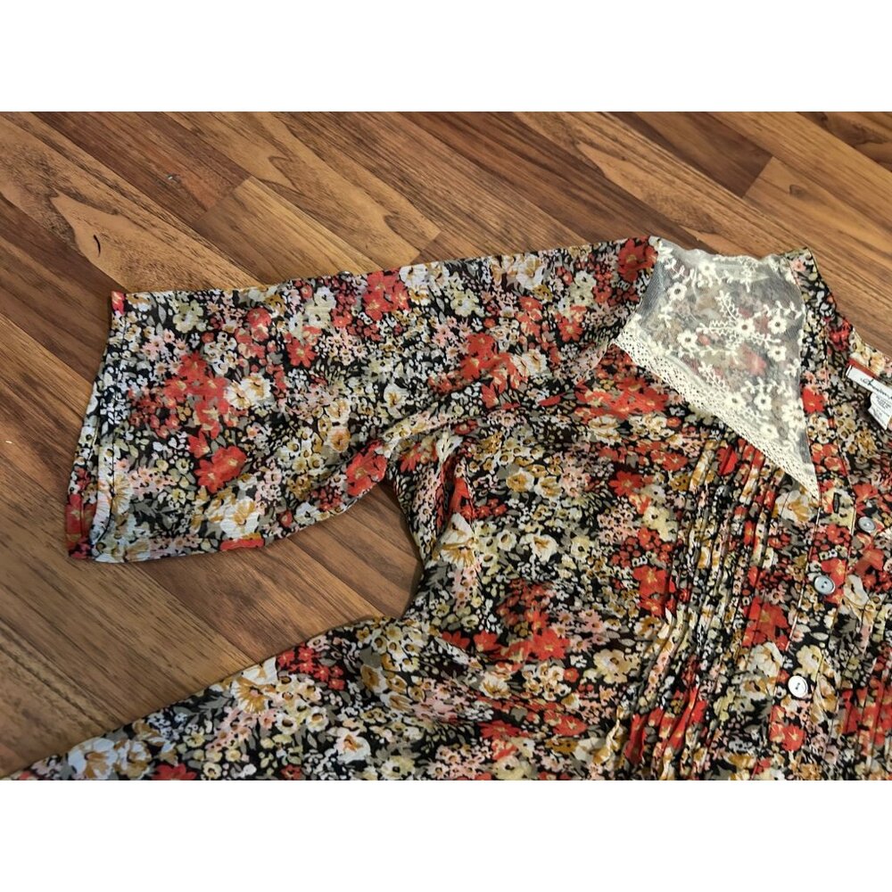 American Rag Cie Plus 2X Floral Boho Peasant Blouse Sheer Lace Yoke Button Front - Picture 9 of 15